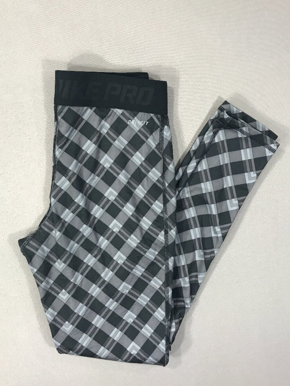 Nike Pro Leggings Women's Small Gray Check Logo Pull On Pants Dri-Fit 577166-016